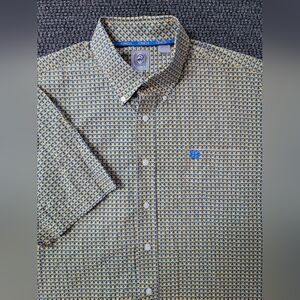 Cinch Geometric Yellow and Blue Short Sleeve Button Down Shirt Men's Large